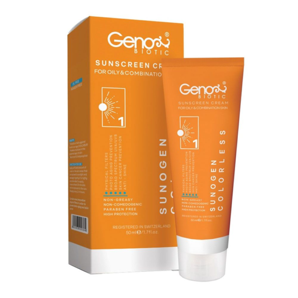 کرم ضد آفتاب بی رنگ SPF50+ پوست چرب و مختلط ژنوبایوتیک 50 میل